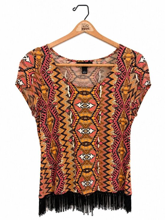 International Concepts Tops - INC International Concepts Women's Orange Black Geometric Fringe Hem Blouse L Ra